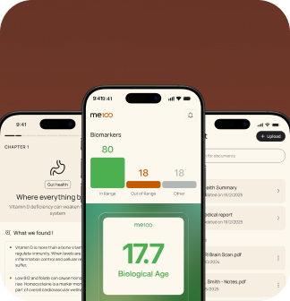 Me100 app screens showing biomarkers and biological age