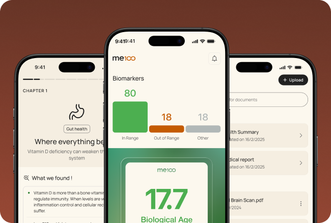 Me100 app screens showing biomarkers and biological age
